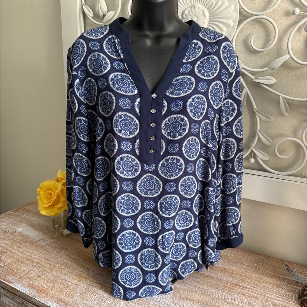 Michael Kors Tunic L Navy and White Patterned Blouse